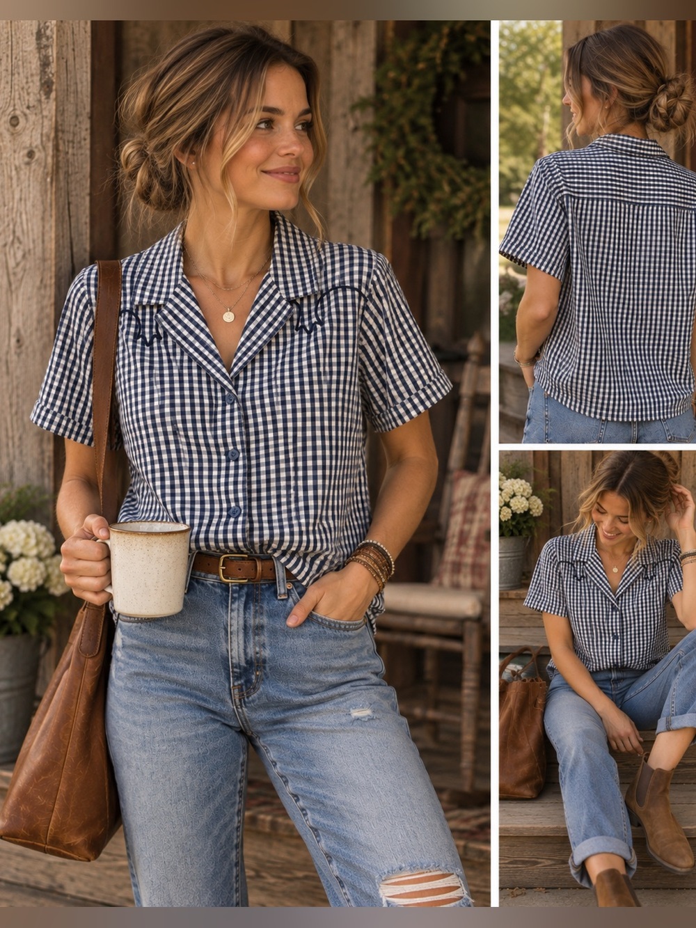 Roark Camp Shirt M Navy Cream Gingham Plaid 100% Tencel Fair Trade Short Sleeve
